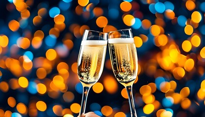 sparkling new years eve toast with champagne glasses surrounded by a dazzling bokeh backdrop