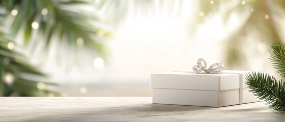  A white box with a bow atop, positioned next to a pine tree against a blurred backdrop