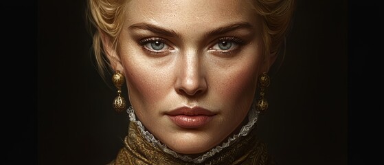 Wall Mural - Woman's face with blue eyes, blonde hair, adorned with gold necklace and earrings