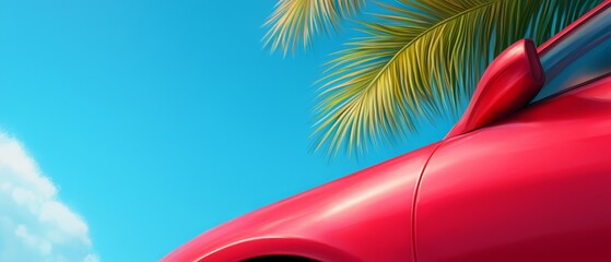  A red car, with its focus on close-up details, is situated before a palm tree against a backdrop of a blue sky