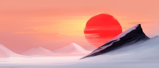 Wall Mural -  A painting of a mountain with a single red circle at its peak