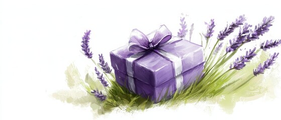 Wall Mural -  A purple gift box sits atop a verdant grass field, surrounded by a cluster of lavender flowers