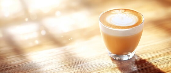  A cappuccino atop a weathered wooden table, bathed in sunlight filtering through the window