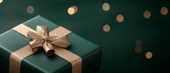 a dark green background features a gift box in green, adorned with a gold ribbon and a bow gold conf