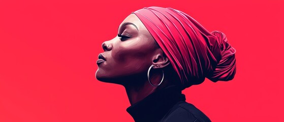 Wall Mural - Woman with red hair, black top, large hoop earrings against a red backdrop