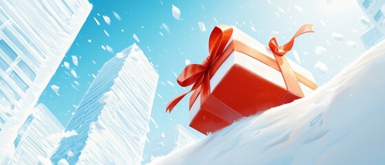 Wall Mural -  A red gift box topped with a bow sits atop a snow-covered hill, overlooking a cityscape