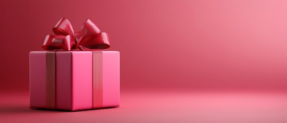 Wall Mural -  A pink gift box, topped with a red bow, against a pink backdrop featuring subtle red accents