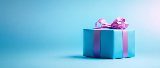 Wall Mural -  A blue gift box, adorned with a pink ribbon and bow atop, against a blue backdrop