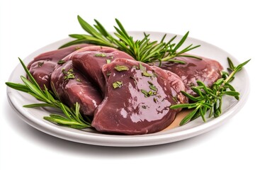 Wall Mural - Fresh raw chicken liver on a plate. Isolated on white , ai