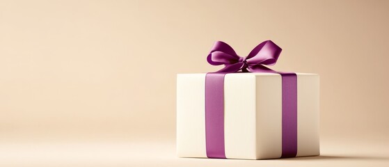 Wall Mural -  A white gift box, adorned with a purple ribbon and a bow atop, sits against a beige backdrop