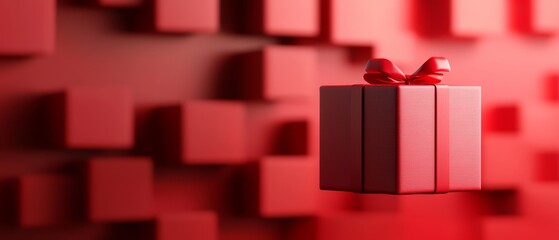 Wall Mural -  A red box, topped with a bow, is placed in front of a solid red backdrop The scene additionally includes red squares and cubes