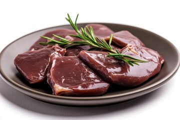 Wall Mural - Fresh raw chicken liver on a plate. Isolated on white , ai