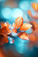 Wall Mural -  Close-up of an orange flower with dewdrops on petals and a blue bokeh of light in the background