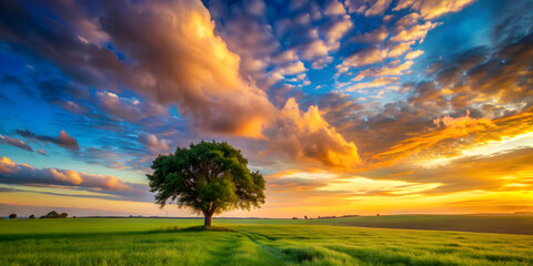 Tranquil rural landscape with tree on green meadows, colorful clouds in gold and blue sky , Tranquil, rural