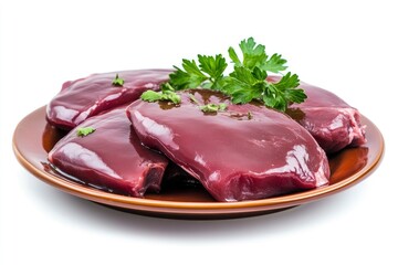 Wall Mural - Fresh raw chicken liver on a plate. Isolated on white , ai