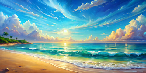 Vibrant painting of a summer seascape, sunny, beach, ocean, waves, vacation, tropical, serene, colorful, horizon, relaxation, water