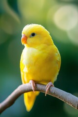 Wall Mural -  A yellow bird sits on a branch against blurred trees in the image background