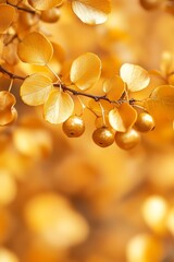 Sticker -  A tree branch with yellow leaves and berries, closely framed, against a blurred backdrop of yellow foliage