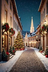 Wall Mural - christmas white decorations on snow with fir tree branches and christmas lights winter decoration ba