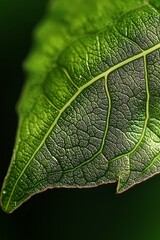 Wall Mural -  A close-up of a green leaf's vein against a black background, or a green background for contrast