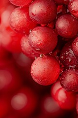 Wall Mural -  A red backdrop features a tight shot of ripe red grapes, with dewdrops glistening atop and pooling beneath