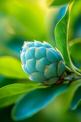 Wall Mural -  A tight shot of a blue blossom on a verdant leafy branch, bathed in bright sunlight filtering through the emerald leaves