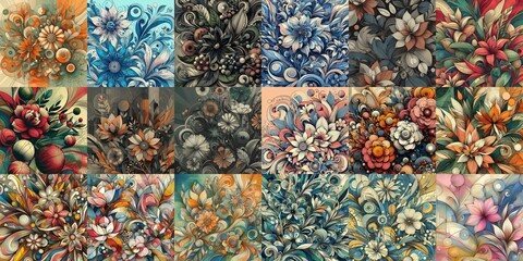 Wall Mural - Postmodern art flowers drawing. AI generated illustration