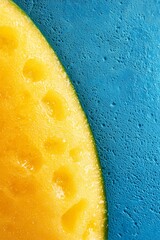 Poster -  Close-up of a yellow fruit slice with water drops, against a blue backdrop