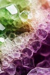 Wall Mural -  A close-up of several bubbles with a green one and a white one, positioned centrally among them