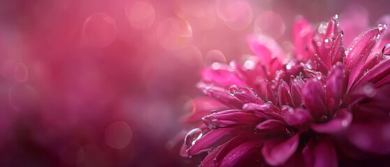 Wall Mural -  A tight shot of a pink bloom, dewdrops glistening on its petals, backdrop softly blurred