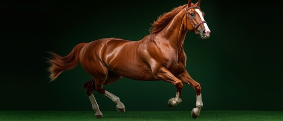  A brown horse gallops on a green field with its front legs lifted