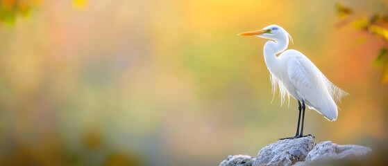  A white bird atop a rock beside a tree branch laden with yellow and green leaves in a forest