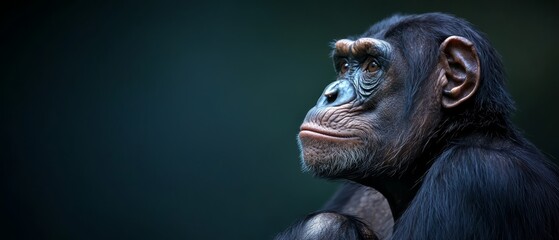  A monkey's face, closely depicted with serious expression, set against a dark backdrop