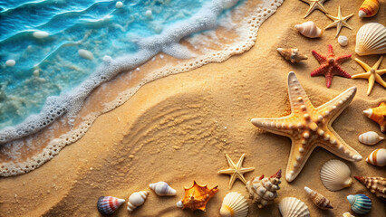 Beach background with starfish and shells, capturing the essence of a relaxing summer vacation, summer, travel, atmosphere, beige