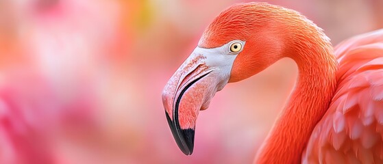  A tight shot of a pink flamingo amidst blurred pink and yellow blooms in the foreground