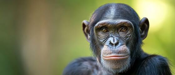 Wall Mural -  A tight shot of a chimpanzee's face with softly blurred background trees