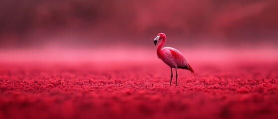  A pink flamingo stands amidst a field of scarlet-hued grass, against a backdrop of a red sunset sky