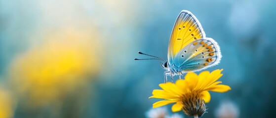  A blue-and-yellow butterfly perches on a sunlit yellow flower against a softly blurred background