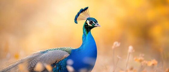  A blue bird with a lengthy tail poses amidst tall grasses, where yellow and brown wildflowers bloom in the backdrop