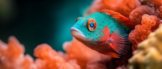 Wall Mural -  A tight shot of a blue-red fish inside an orange-yellow sea anemone against a black backdrop