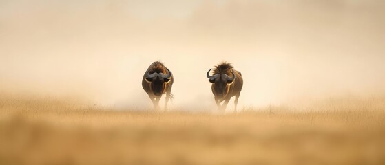 Sticker -  A couple of buffalo stand side by side in a field of tall grass Sunlight filters through the fog