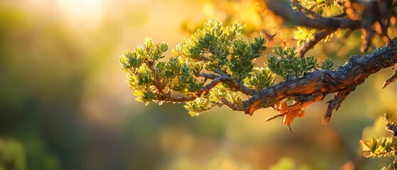 Wall Mural -  A branch of a tree, filled with lush green leaves, under bright background lighting