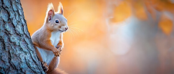 Wall Mural -  A squirrel stands on its hind legs next to a tree trunk, gazing upward at the camera