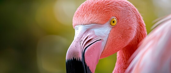  A pink flamingo's head and neck, closely framed, against a softly blurred backdrop of trees