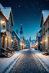 Wall Mural - winter night scene, snowy cobblestone street, old european town, glowing street lamps, charming buil