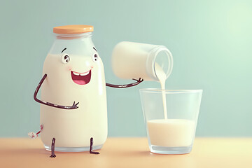 Animated milk bottle character cheerfully pouring milk into glass against mint background