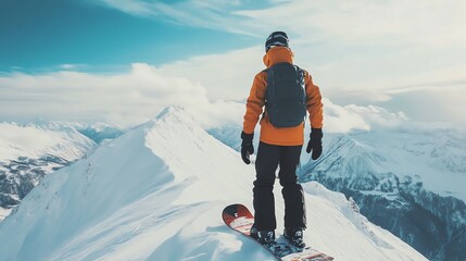 Wall Mural - A snowboarder stands at the top of a mountain overlooking a snowy landscape.