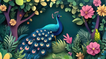 A peacock with vibrant blue and green feathers stands in a lush green forest with paper art style flowers.