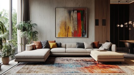 Spacious living room with an L-shaped sofa, large rug, and abstract art