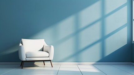 Canvas Print - blue wall background there is a white chair with copy space